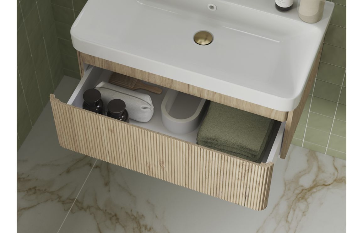 Edgworth 605mm Wall Hung 1 Drawer Basin Unit & Basin - Textured Oak