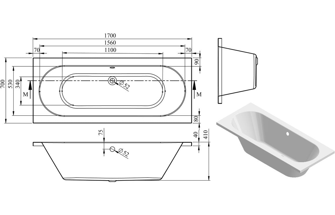 Wilpshire Round Double End SUPERCAST 1700x700x550mm 0TH Bath w/Legs
