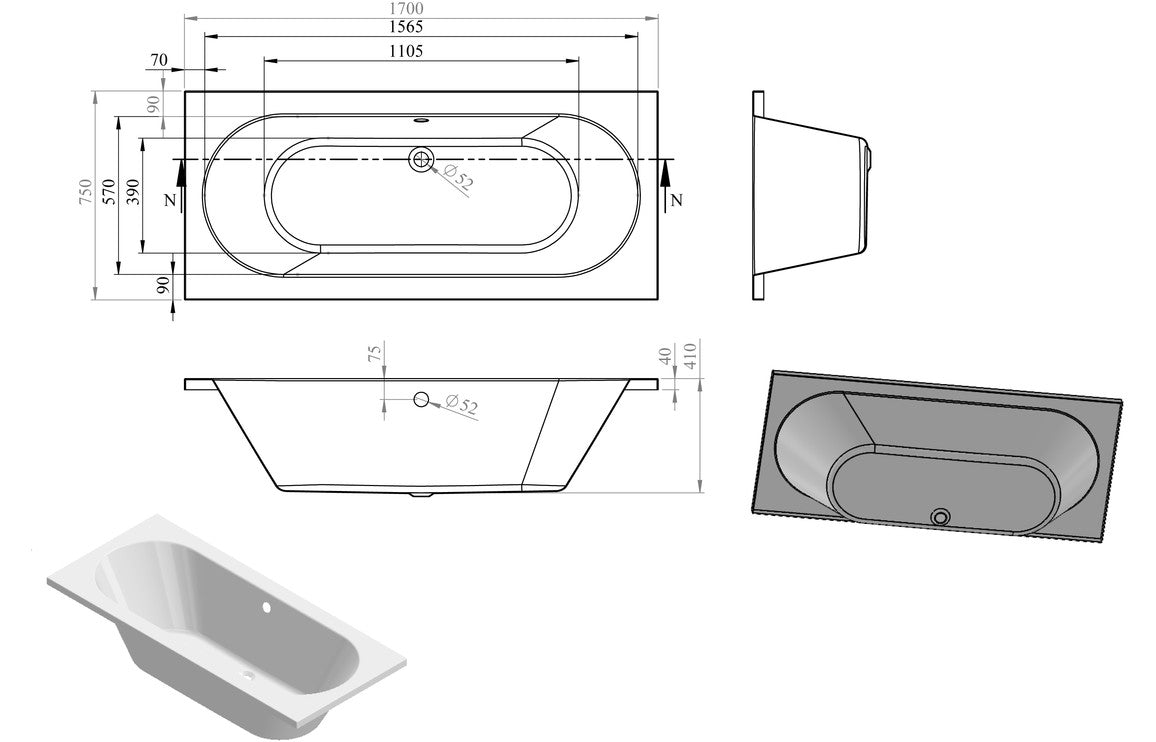Wilpshire Round Double End 1700x750x550mm 0TH Bath w/Legs