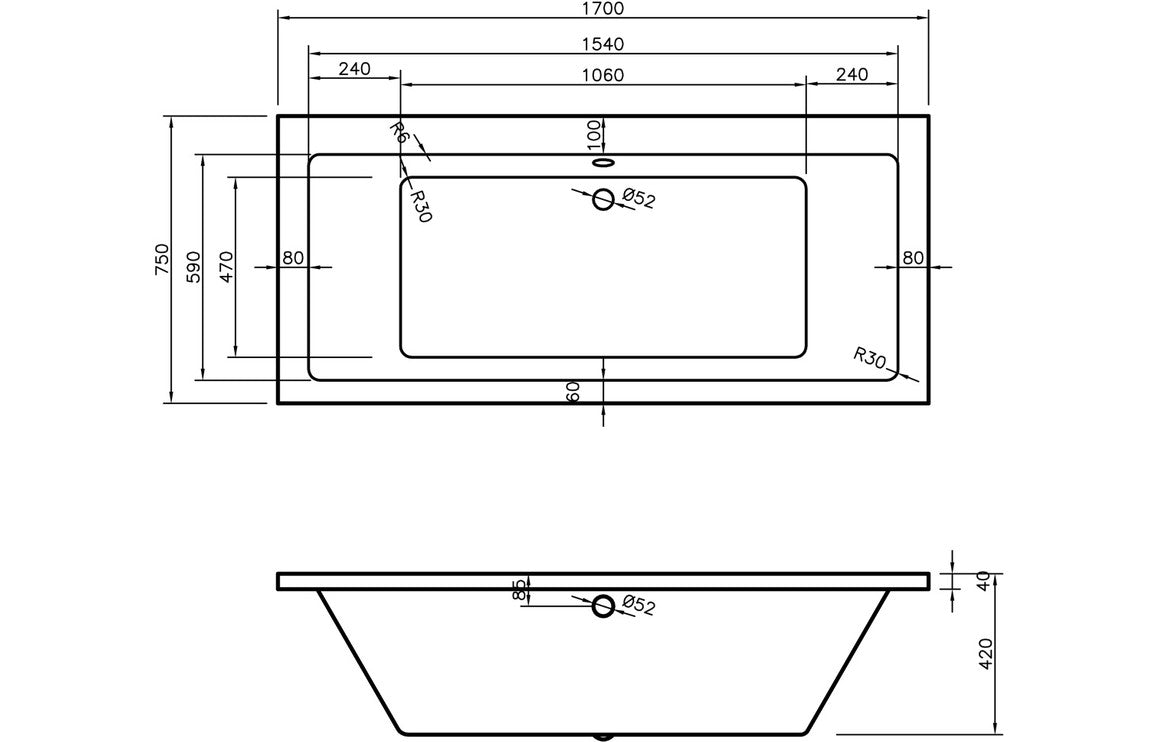 Waterfoot Square Double End 1700x750x550mm 0TH Bath w/Legs