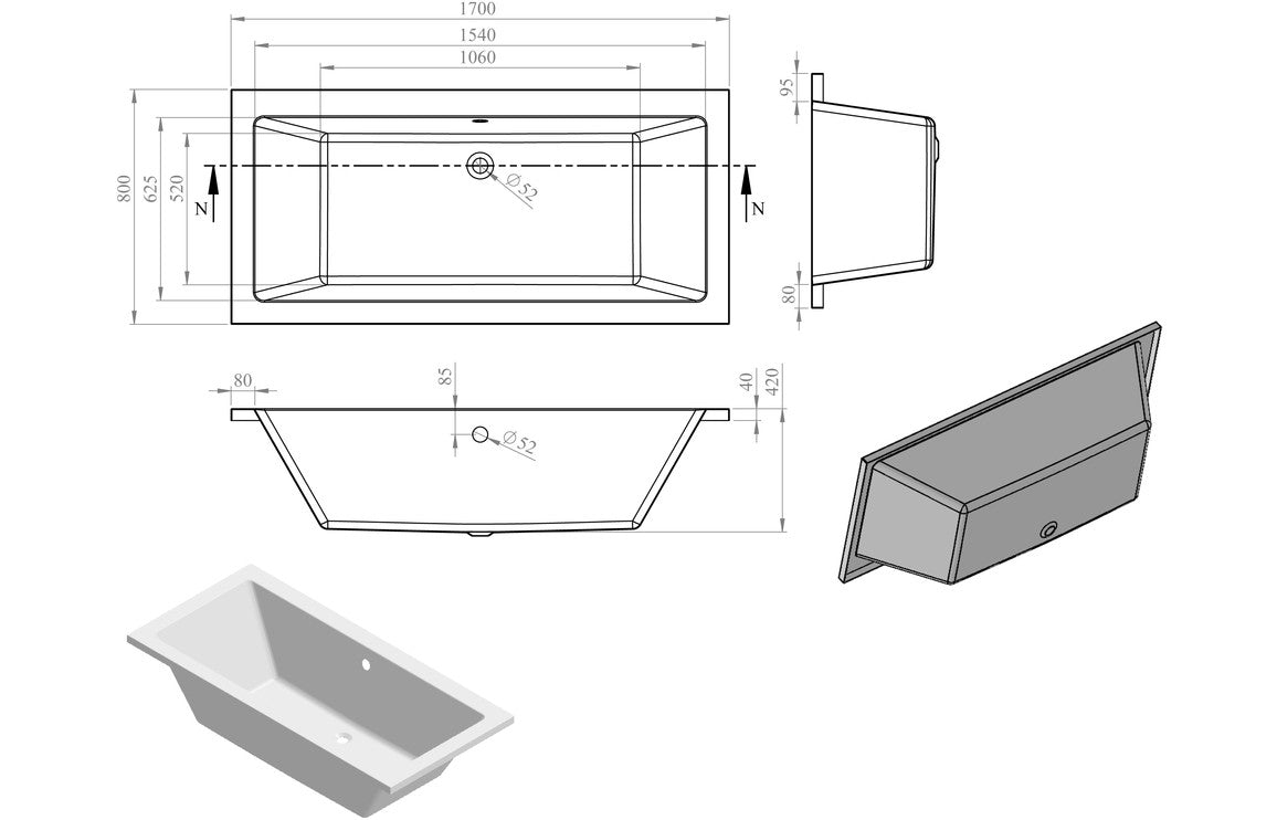 Waterfoot Square Double End 1700x800x550mm 0TH Bath w/Legs