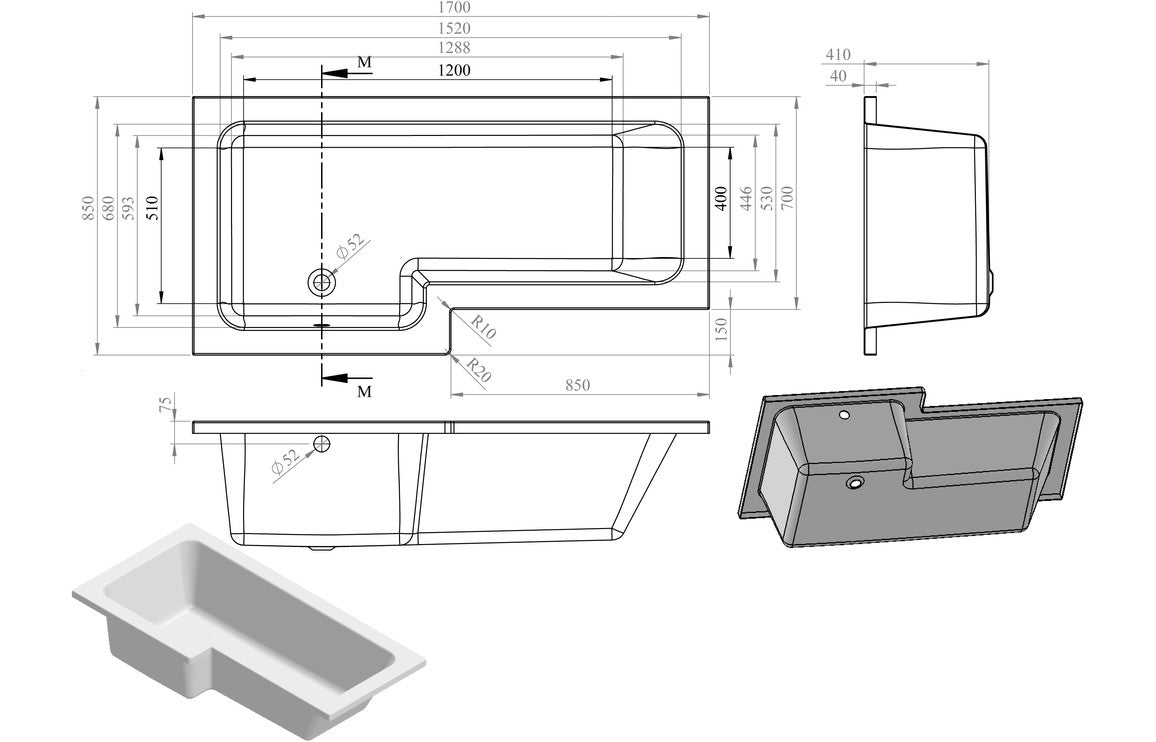 Waterfoot L Shape SUPERCAST 1700x850x560mm 0TH Shower Bath Pack (LH)