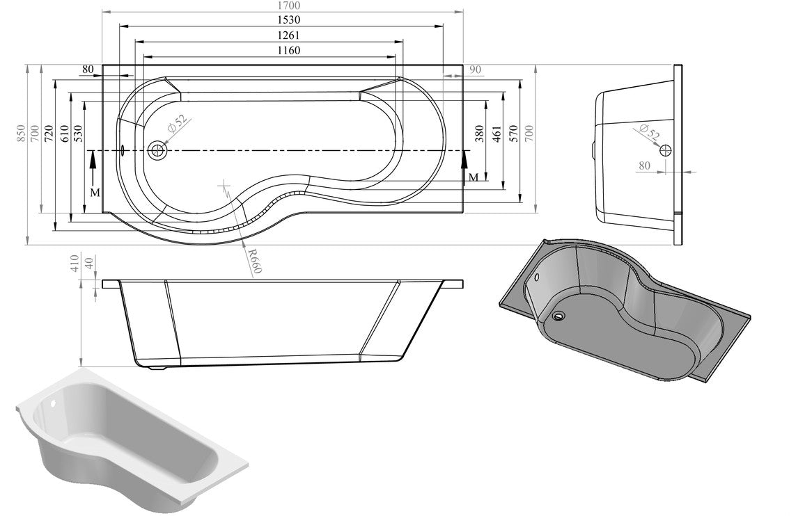 Stoop P Shape SUPERCAST 1700x850x560mm 0TH Shower Bath Pack (LH)