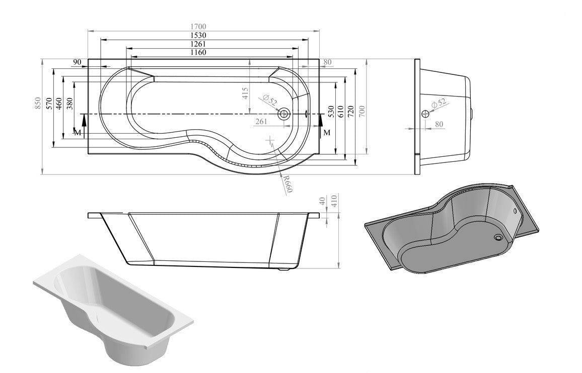 Stoop P Shape SUPERCAST 1700x850x560mm 0TH Shower Bath Pack (RH)