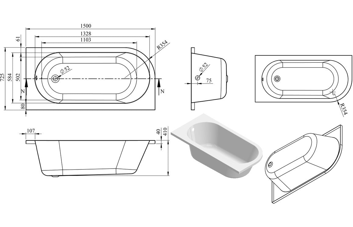 Wray J Shape 1500x725x600mm 0TH Bath w/Legs (RH)