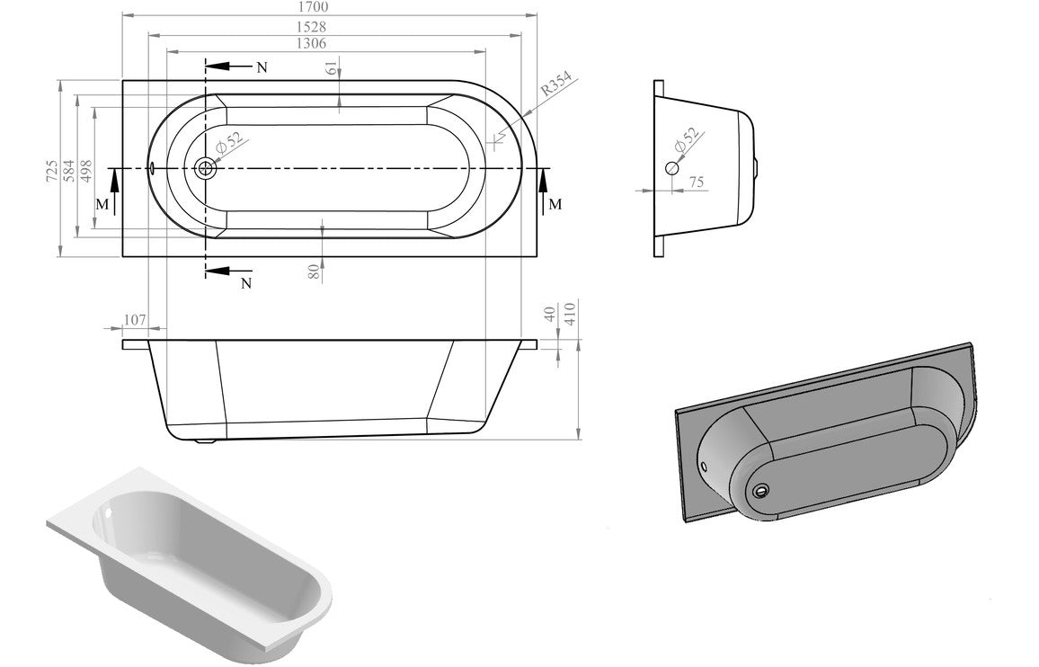 Wray J Shape 1700x725x600mm 0TH Bath w/Legs (RH)