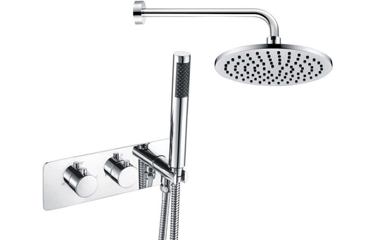 Natalie Shower Pack Two - Two Outlet Twin Shower Valve w/Handset & Brass Overhead - Chrome