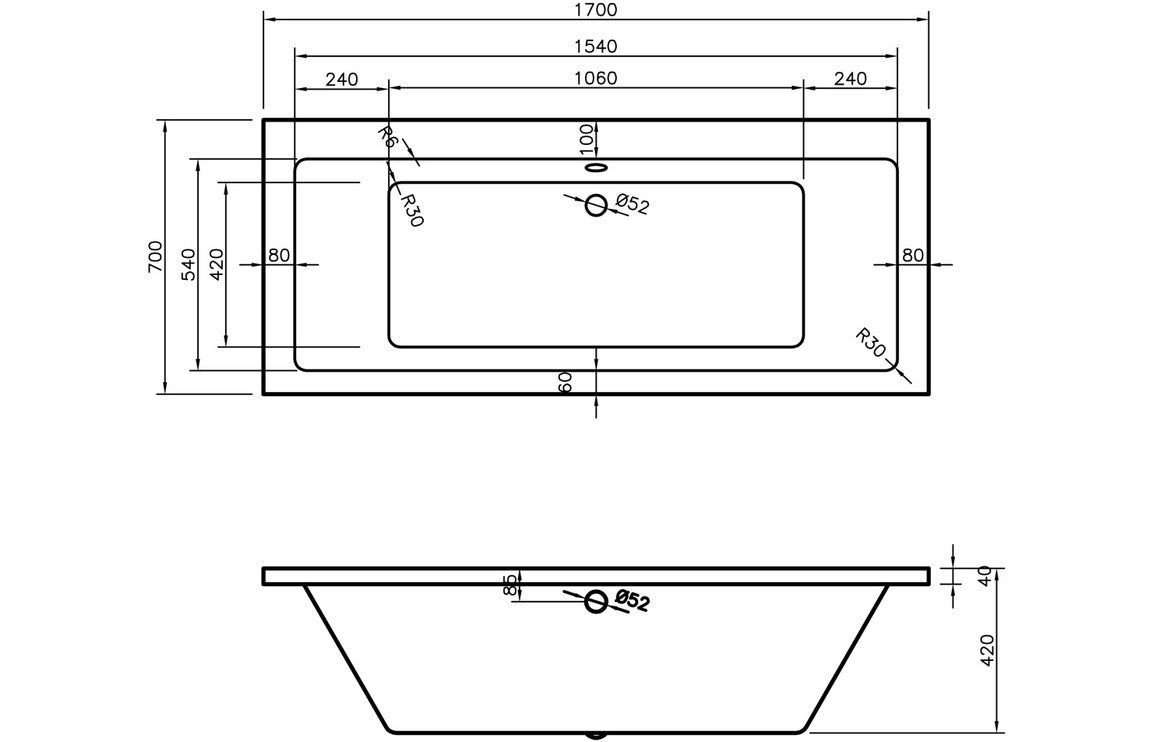 Waterfoot Square Double End SUPERCAST 1700x700x550mm 0TH Bath w/Legs